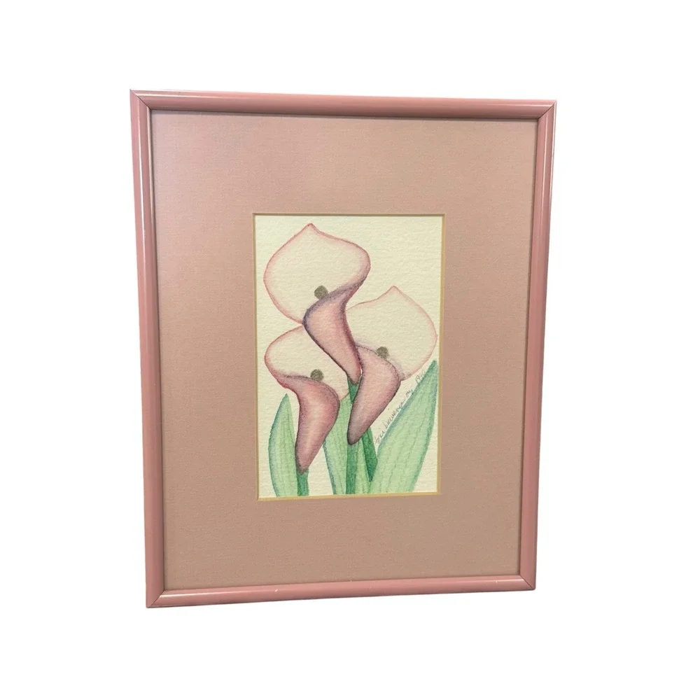 Vintage Toni Biewenga Ory Calla Lily Art Pair Signed 1990 Pink Floral Wall Decor